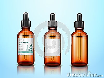 3d eucalyptus essential oil bottles with pipette Vector Illustration