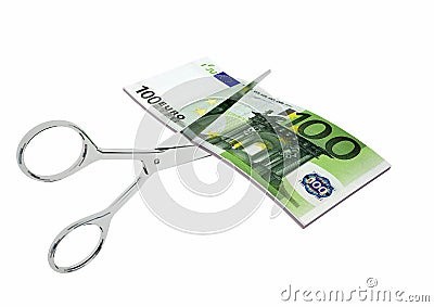 3D Euro Currency with pairs of Scissors Stock Photo