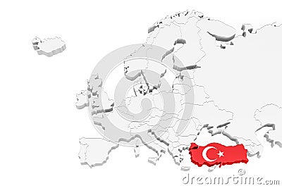 3D Europe map with marked borders - area of Turkey marked with Turkey flag Cartoon Illustration