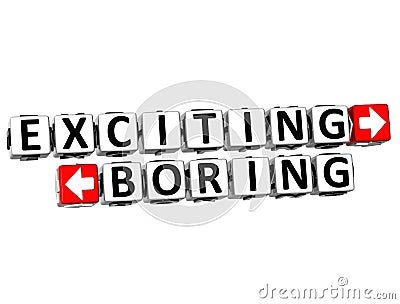 3D Exciting Boring Button Click Here Block Text Stock Photo