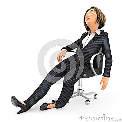 3d exhausted business woman sleeping in chair Cartoon Illustration