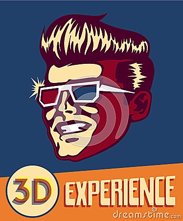 3d experience. Vintage man wearing retro 3d glasses, retro sci-fi 3d movies Vector Illustration