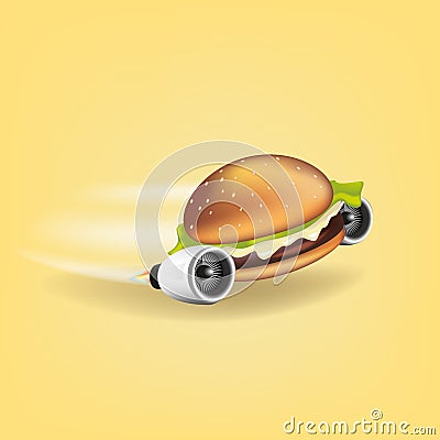 3D Express Jet thrust delivery concept. Burger or fast food service, order, fast and free shipping. Vector Illustration