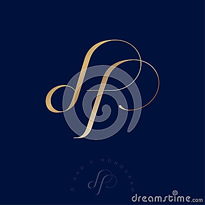 D and F letters. D, F monogram consist of Interlocking letters. Gold letters combined, isolated on a dark background. Vector Illustration
