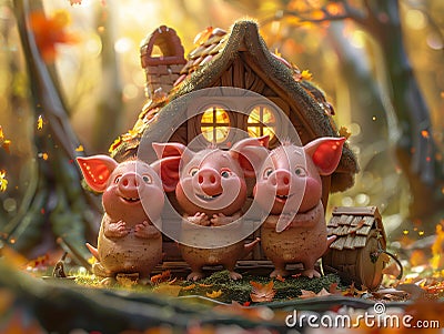3d fable character of three pigs and thiers house by Generative AI Stock Photo