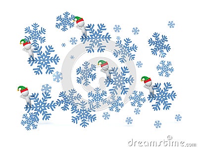 3D Falling Snowflakes with Small 3D Characters Stock Photo