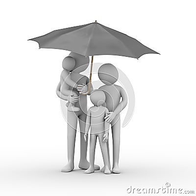 3d family under black umbrella Cartoon Illustration