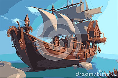 3D fantasy Boat Adventure, Cartoon Boat, Boat Clipart, Cartoon Ship, Various Boats Stock Photo