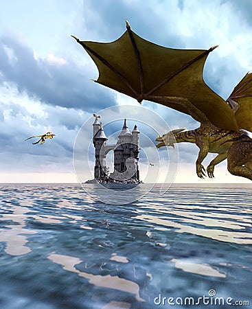 3d Fantasy dragon in mythical island Cartoon Illustration