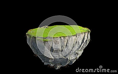 3D fantasy floating island with green grass land isolated on black Cartoon Illustration