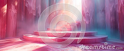 3d fantasy painting, staircase, sunlight, in the style of pink and azure, melting, vibrant stage backdrops, soft Stock Photo