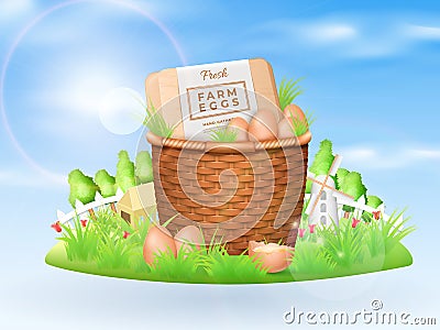 3d farm eggs, fresh chicken products composition on land. Happy morning basket for breakfast, realistic organic eggshell Stock Photo