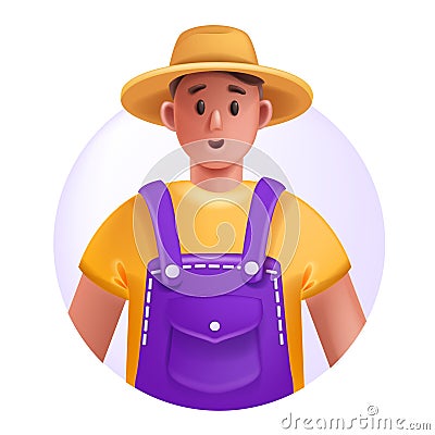 3D farmer avatar icon, vector young gardener, cartoon male character, smiling face, sun hat overalls. Vector Illustration