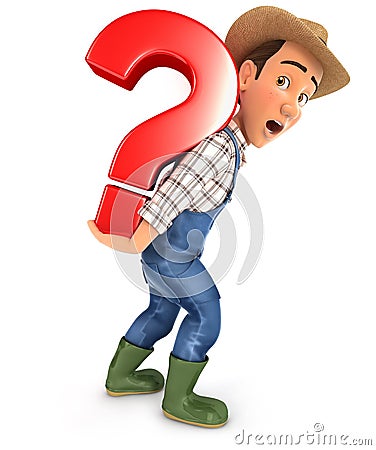 3d farmer carrying heavy question mark Cartoon Illustration