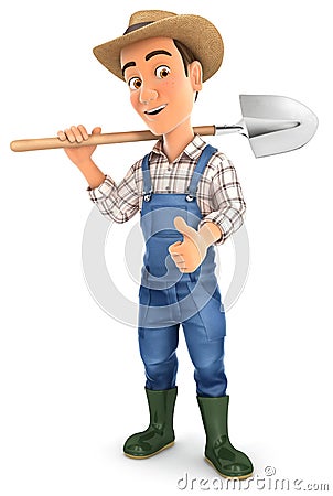 3d farmer carrying shovel on shoulder Cartoon Illustration