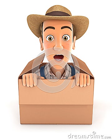 3d farmer coming out of the box Cartoon Illustration