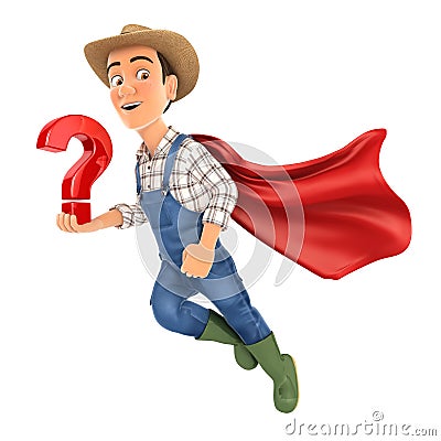 3d farmer flying and holding question mark Cartoon Illustration