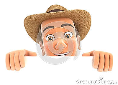 3d farmer hiding behind white wall Cartoon Illustration