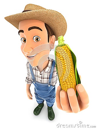 3d farmer holding corn cob Cartoon Illustration