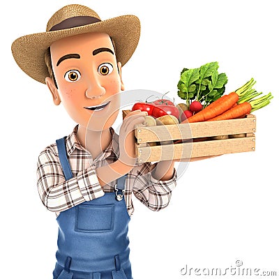 3d farmer holding crate of vegetables Cartoon Illustration