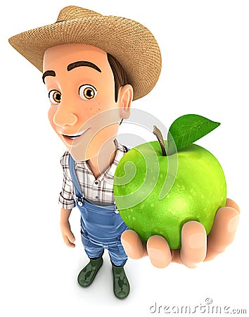 3d farmer holding green apple Cartoon Illustration
