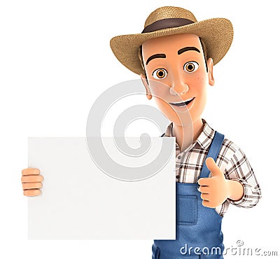 3d farmer holding placard with thumb up Cartoon Illustration