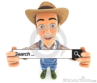 3d farmer holding a search bar Cartoon Illustration