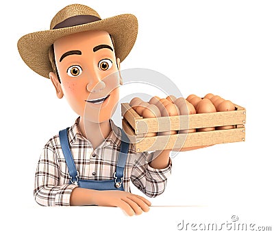 3d farmer holding wooden crate of eggs Cartoon Illustration