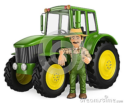 3D Farmer leaning on tractor with thumb up Cartoon Illustration