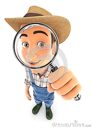 3d farmer looking into a magnifying glass Cartoon Illustration