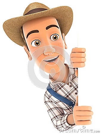 3d farmer peeping over blank wall Cartoon Illustration