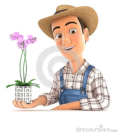 3d farmer presenting an orchid Cartoon Illustration