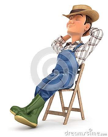 3d farmer sleeping on chair Cartoon Illustration