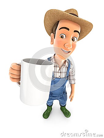 3d farmer standing with cup Cartoon Illustration