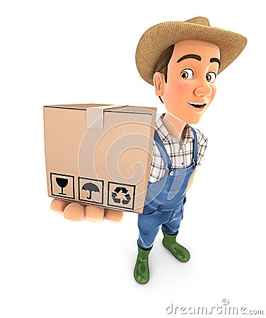 3d farmer standing and holding package Cartoon Illustration