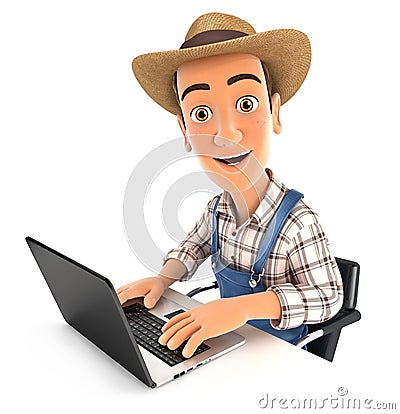 3d farmer working on laptop Cartoon Illustration