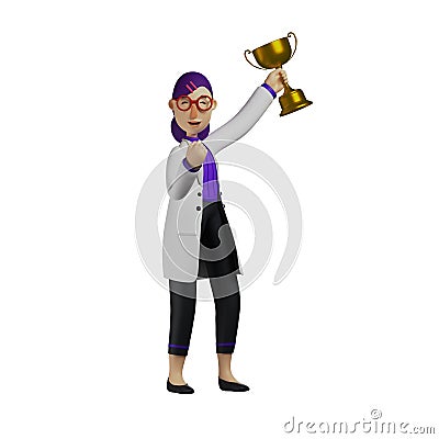 3D Female Doctor Cartoon Character lift a trophy with a proud face Stock Photo