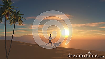 3D female jogging on beach at sunset with her dog Stock Photo