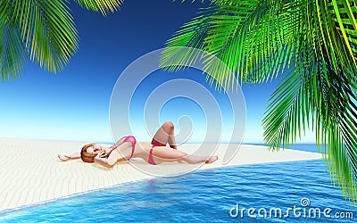 3D female sunbathing on a tropical beach Stock Photo