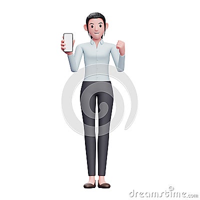 3d female wear shirt doing winning gesture with showing phone screen Stock Photo