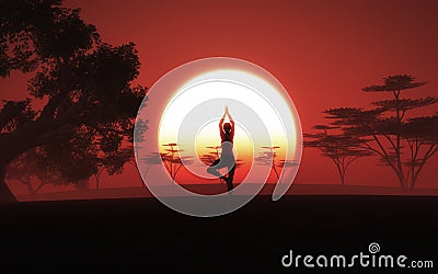 3D female in yoga pose in african landscape with sunset sky Stock Photo