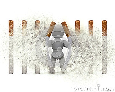 3D figure escaping a cigarette prison with explosion effect Stock Photo