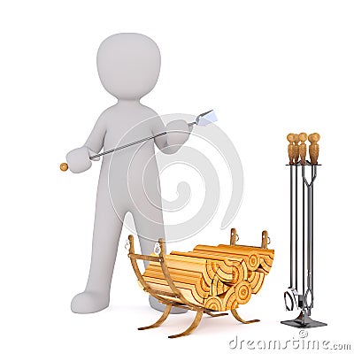 3D figure hold fireplace poker with wooden handle Stock Photo