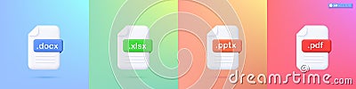 3D File format set icon symbol. Document illustration with colorful badges, docx, xlsx, pptx and pdf Realistic format extension Vector Illustration