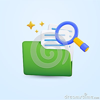 3d files and folder, magnifying glass in minimal style, isolated on background. Object for computer, data, documents Vector Illustration