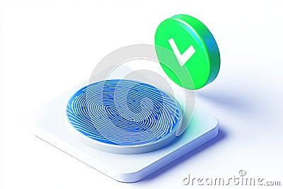 A 3d fingerprint scan and green checkmark icon representing biometric authentication and identity verification on white background Stock Photo