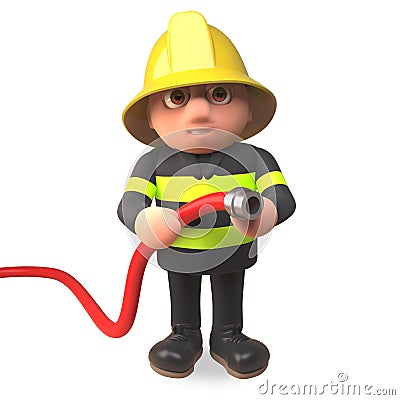 3d fireman firefighter character holding a fire hose to fight a blaze, 3d illustration Cartoon Illustration