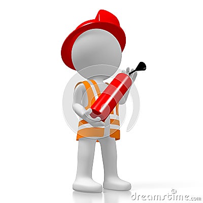 3D fireman holding fire extinguisher, white background Stock Photo