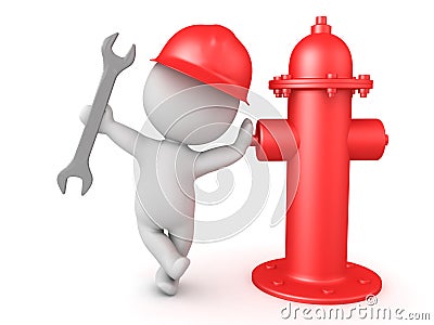 3D Fireman holding wrench and leaning on fire hydrant Stock Photo