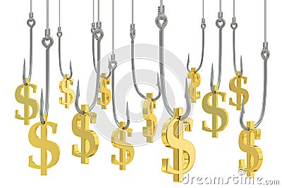 3D fishing hooks with symbol of dollar Stock Photo